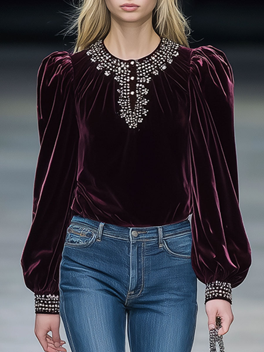 Casual Loose Retro Wine Red Velvet Long-Sleeved Shirt