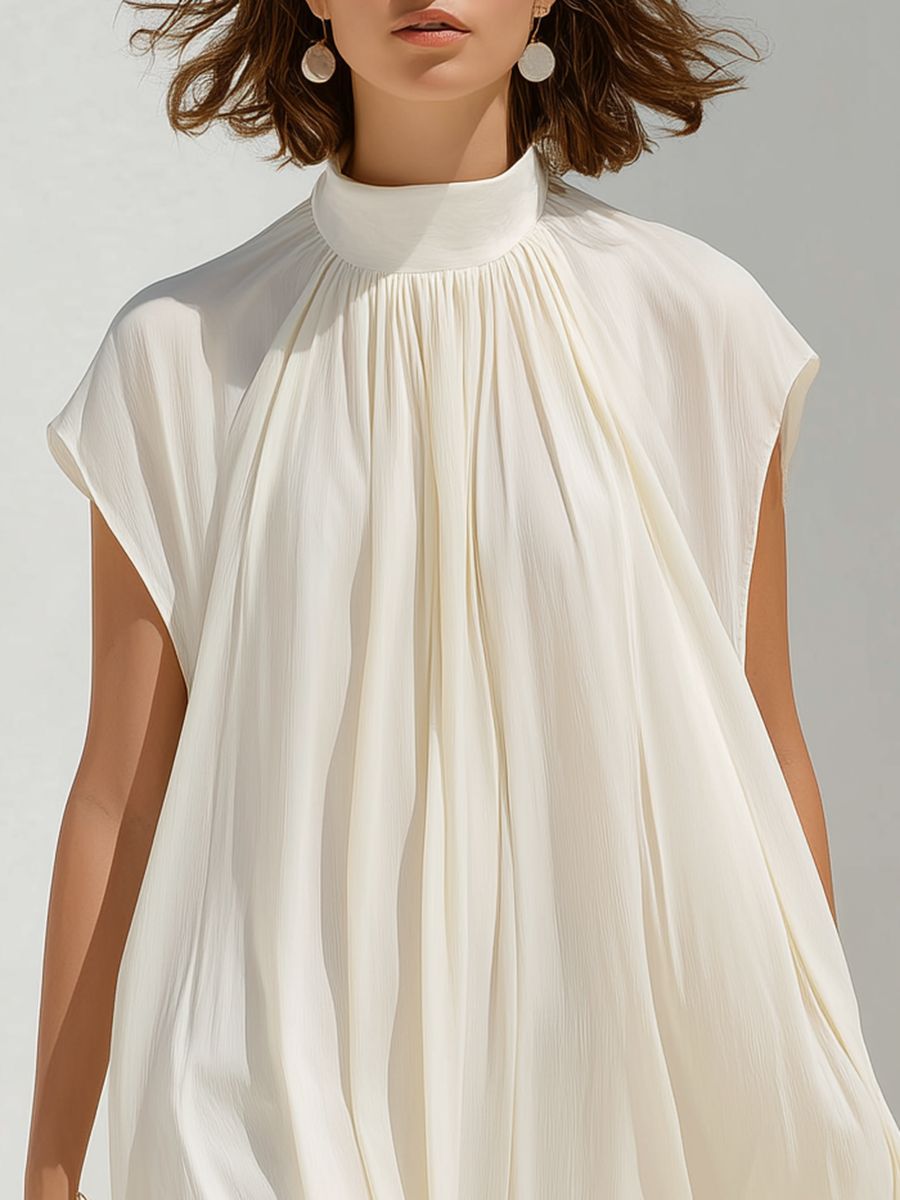 Resort-style Off-white Loose-fitting Turtleneck Short-sleeved Maxi Dress