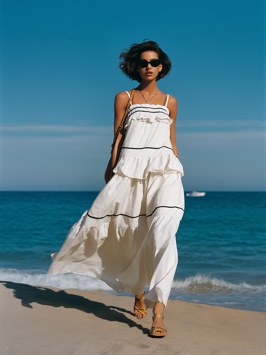 Vacation-style White Loose-fitting Strappy Maxi Dress