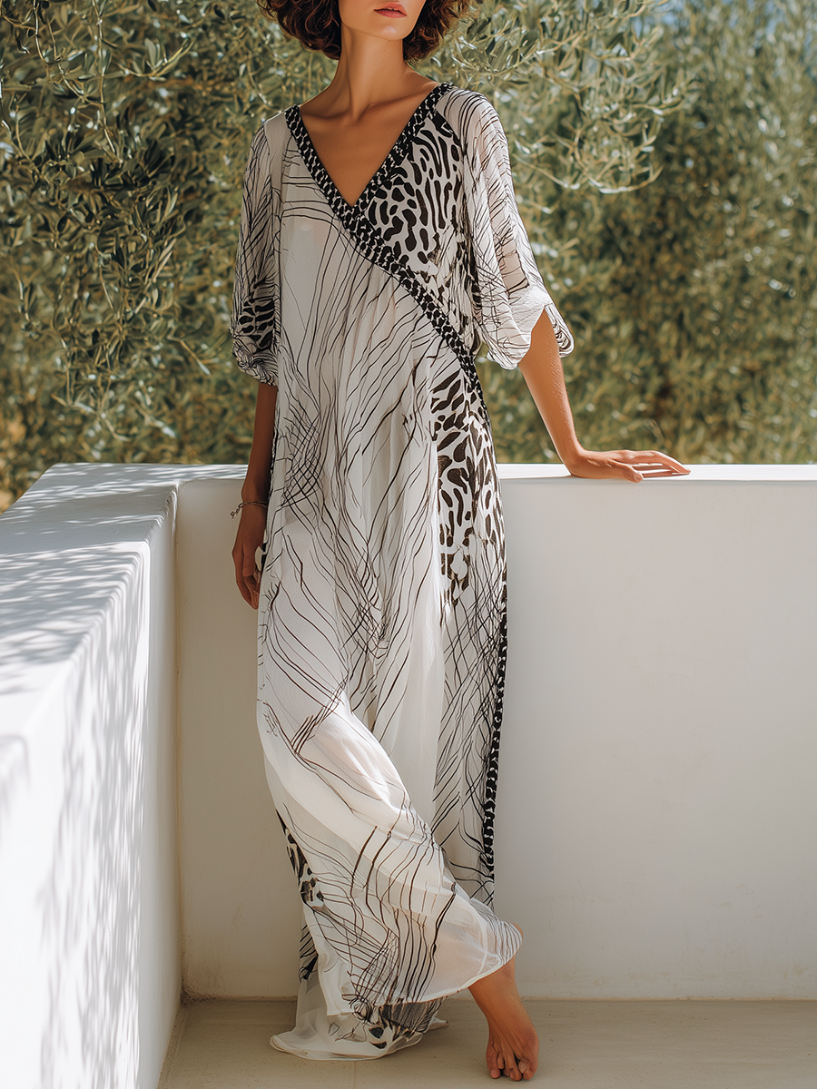Simple And Stylish V-neck Printed Chiffon Maxi Dress