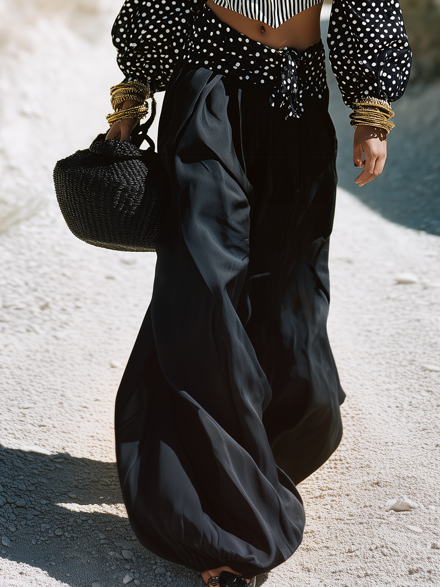 Bohemian Off-the-shoulder Polka Dot And Striped Patchwork Top With Black Wide-leg Pants Set