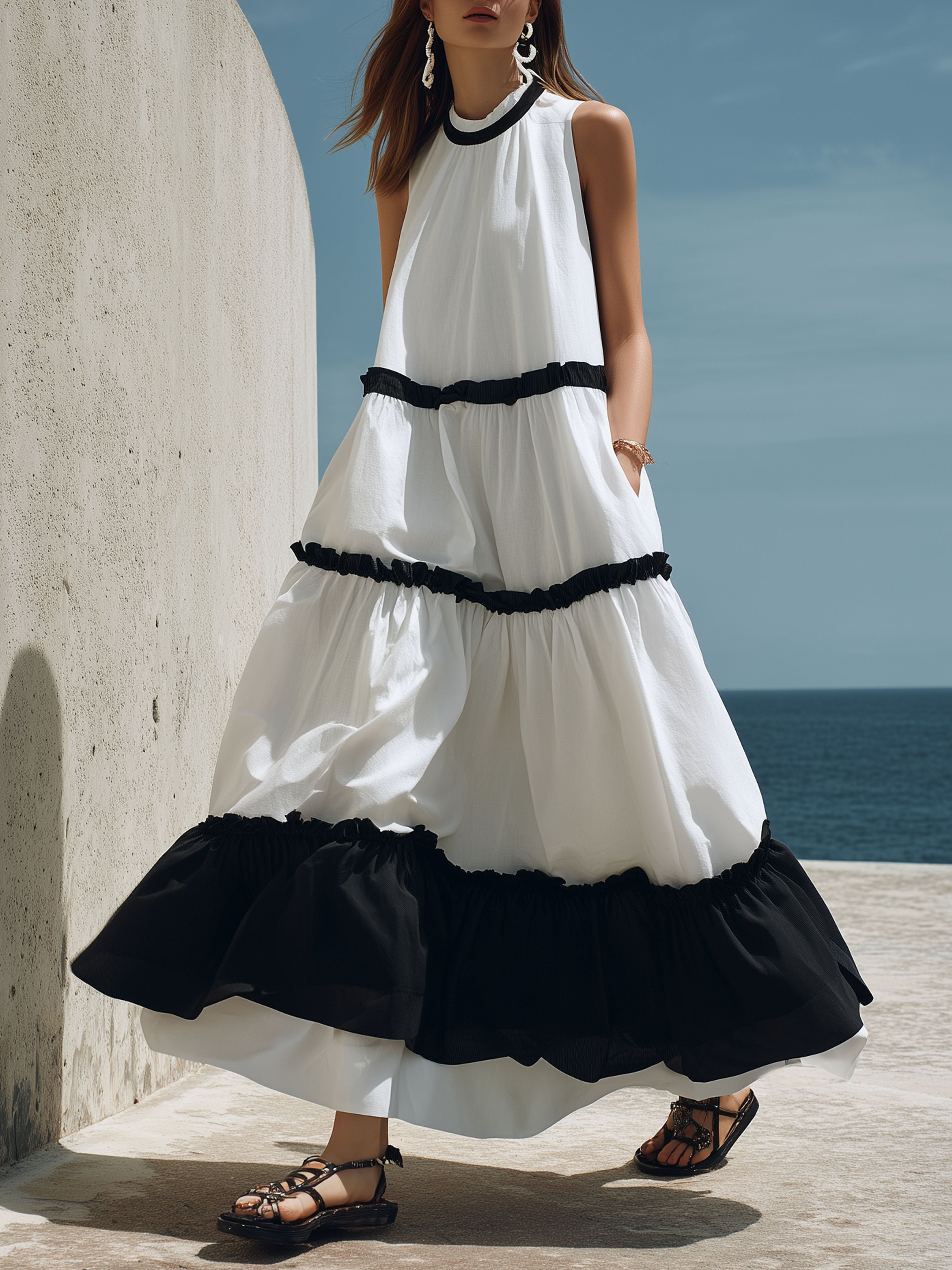 Elegant White Cotton-Linen Patchwork With Black Lace Trim Maxi Dress