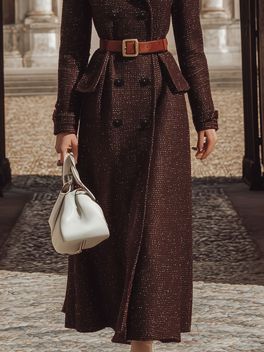 Vintage Casual Bright Silk Red Brown Double-Breasted Tweed Lace-Up Long Coat