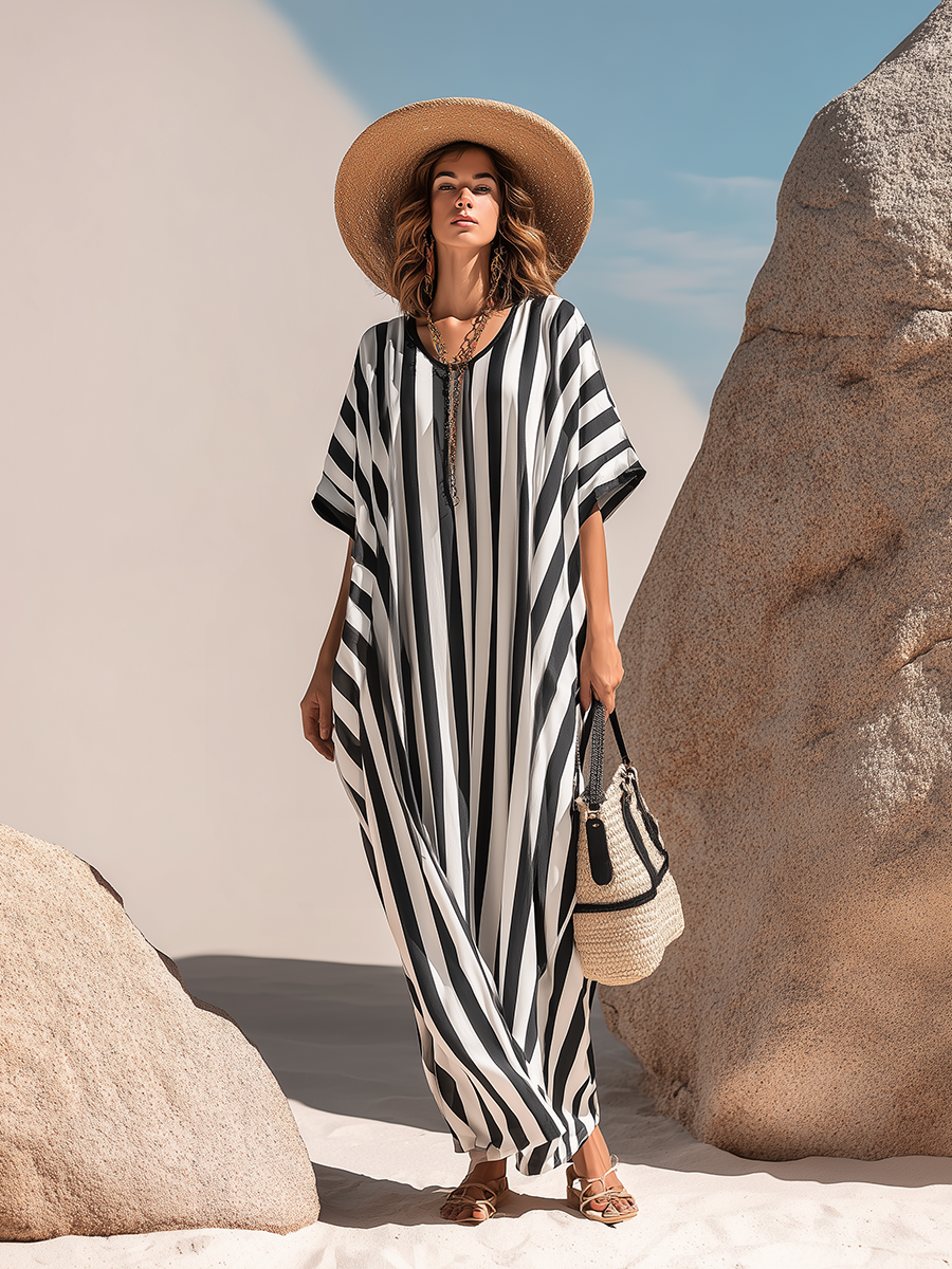 Vacation-style Striped Round-neck Short-sleeved Maxi Dress
