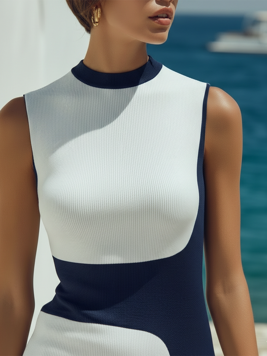 Stylish Vacation Sleeveless Round Neck White And Blue Color-block Knitted Mini Dress