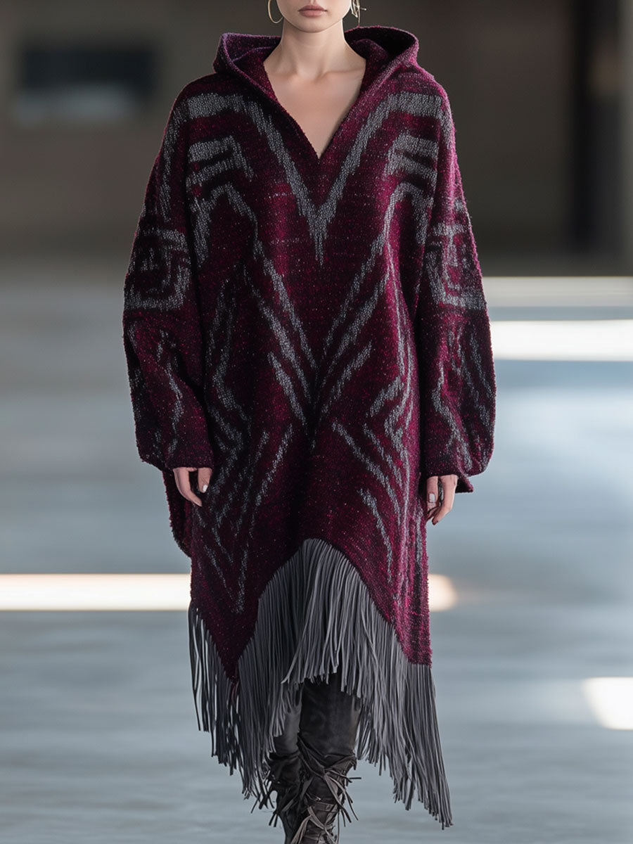 Retro Casual Loose Geometric Knitted Hooded Tassel Purple Midi Dress