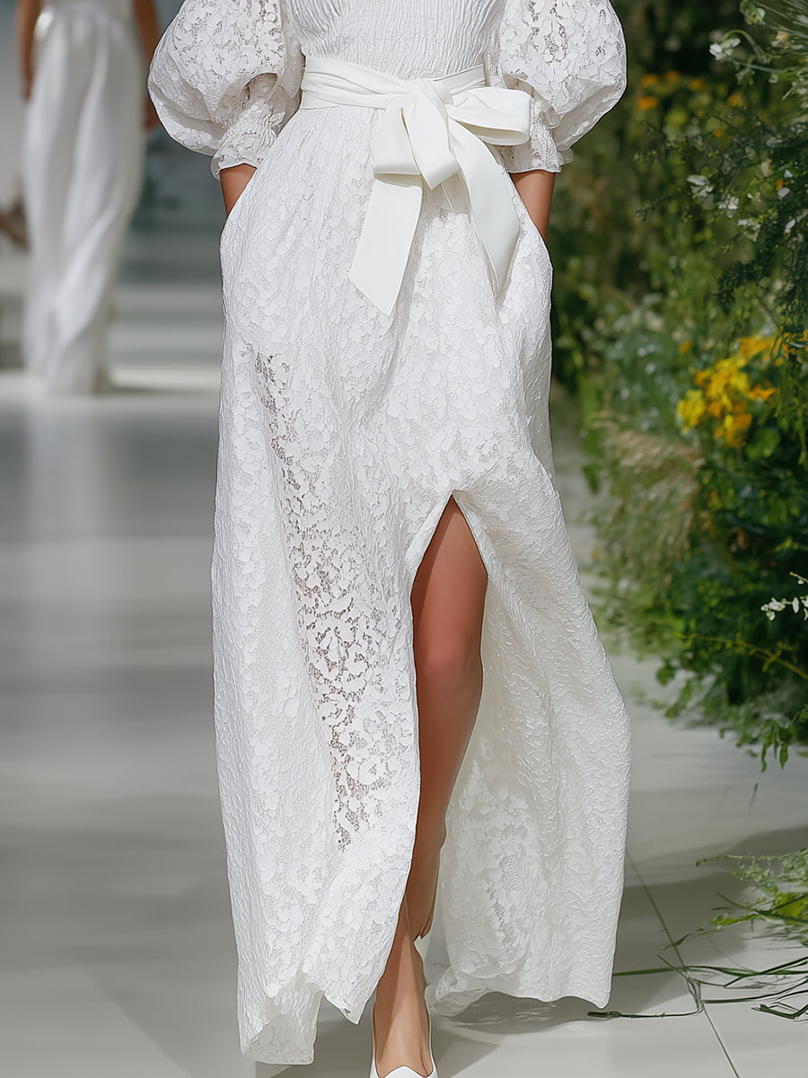Elegant Bohemian Bow-Waisted White Lace Off-Shoulder Maxi Dress