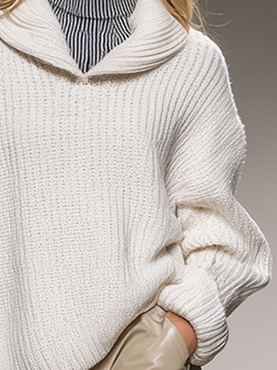 High-End Fashion Loose Lapel White Knitted Sweater
