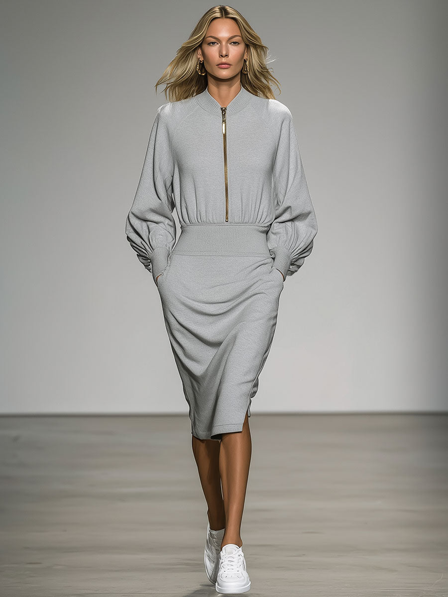 Casual Fashion Gray Zipper Knitted Sweater Midi Dress