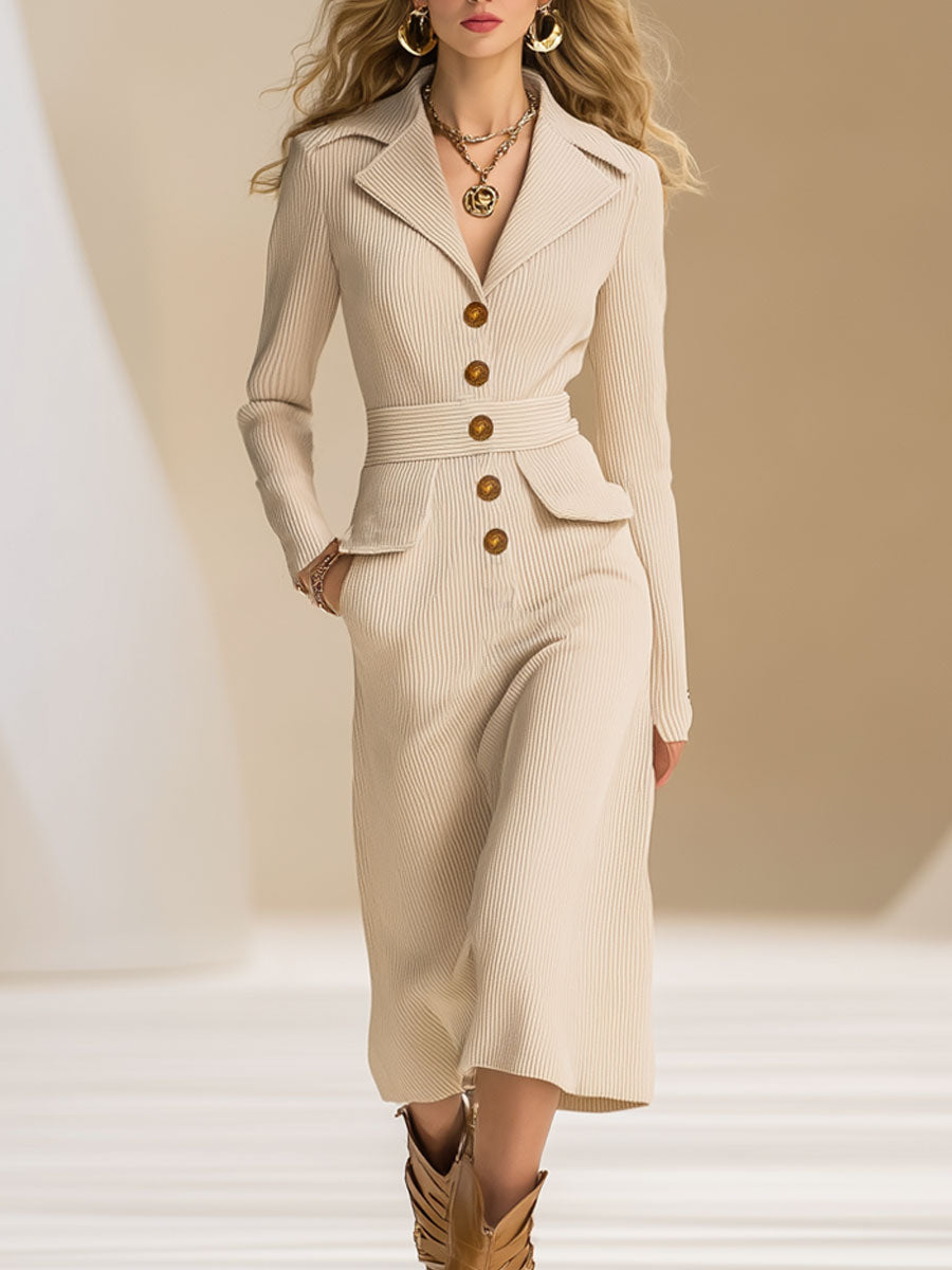 Fashionable And Casual Beige Knitted Ribbed Lapel Long-Sleeved Midi Dress