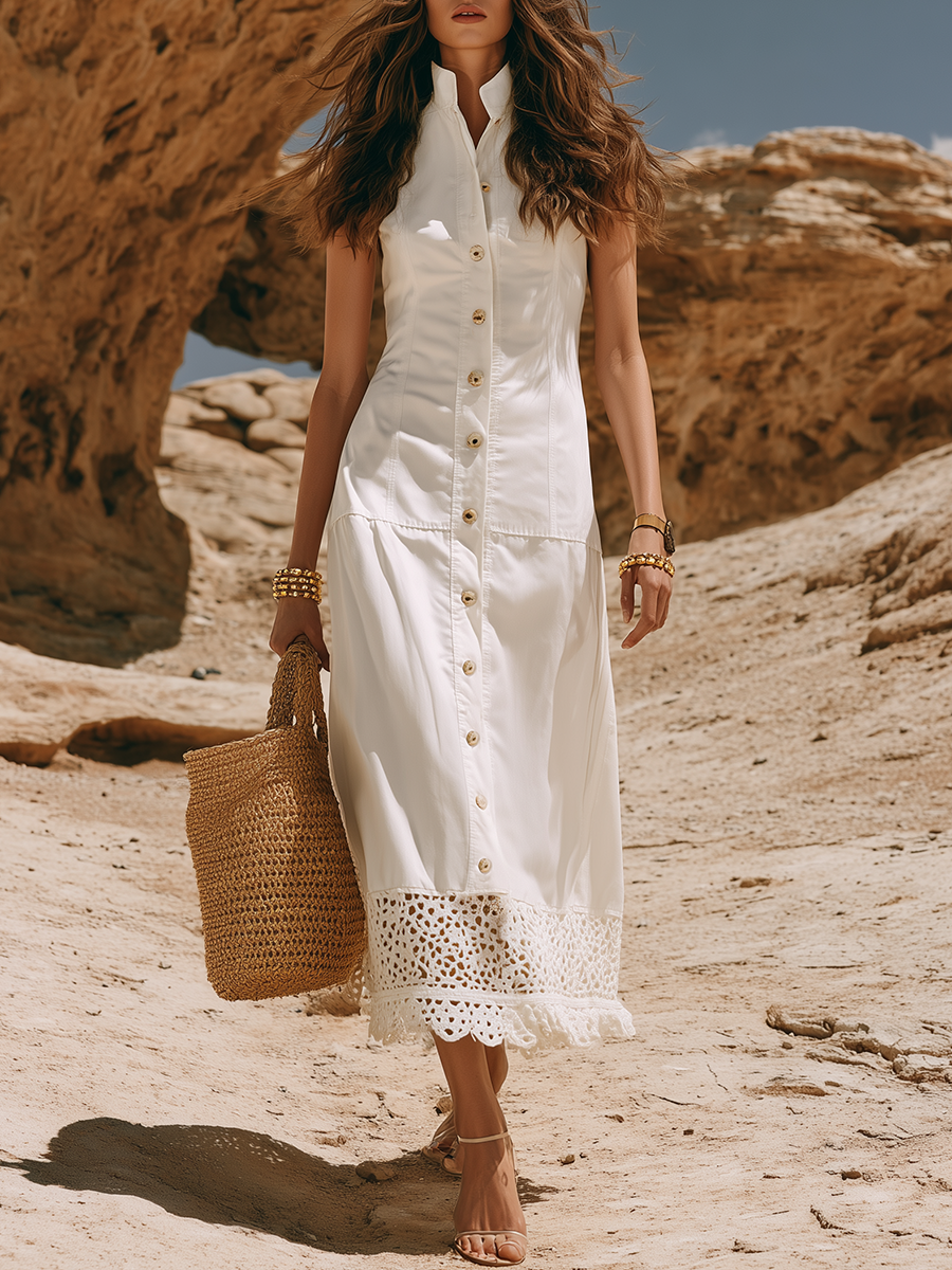 Casual And Resort-style White Cotton Lace Hem Sleeveless Maxi Dress