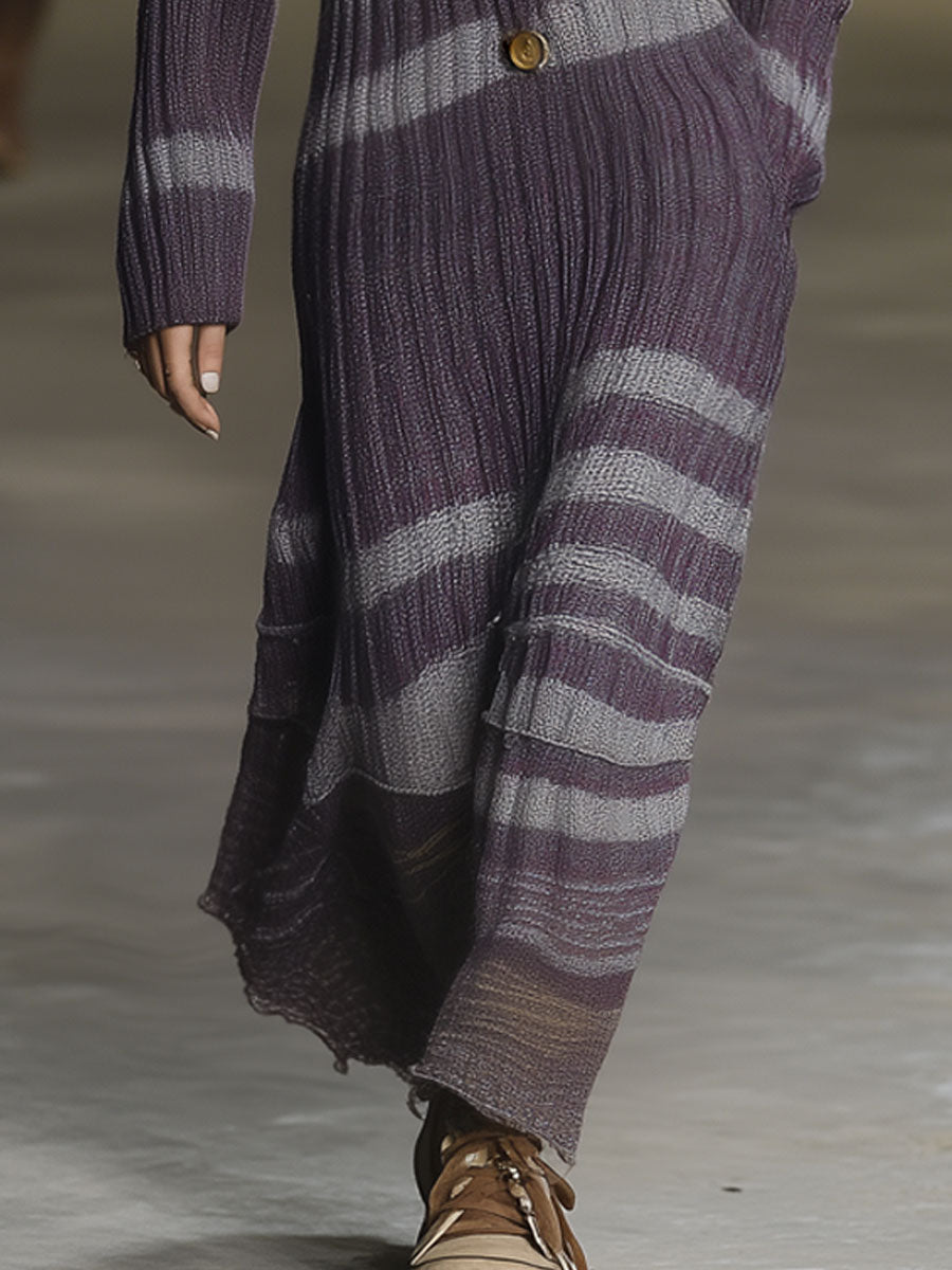 Retro Casual Grape Purple Woolen Ribbed Hooded Maxi Dress