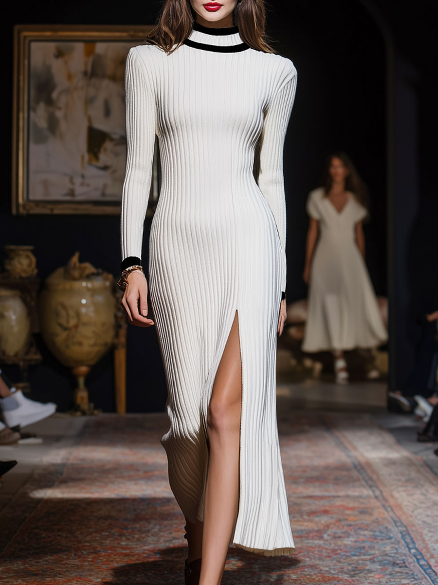 Retro Original Collar Trim White Knitted Ribbed Long Sleeve Slit Midi Dress