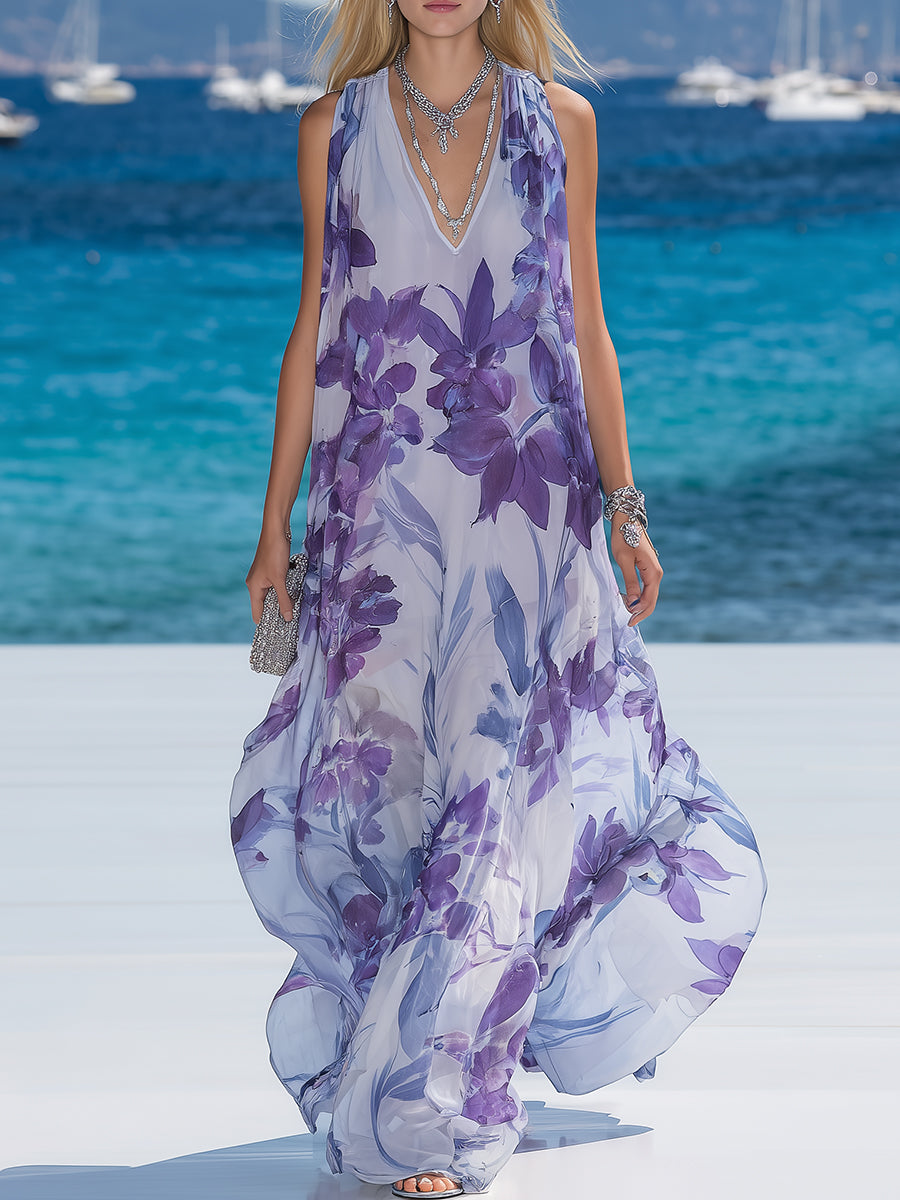 Bohemian-style Vacation Purple Floral Chiffon V-neck Sleeveless Maxi Dress