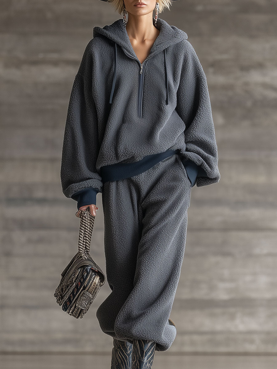 Retro Casual Gray Sports Half-Zip Polar Fleece Suit