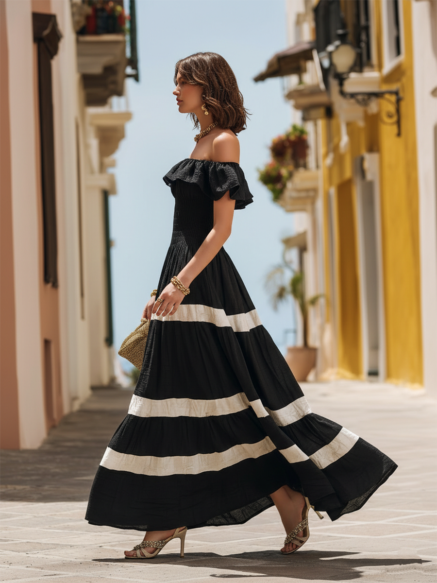 Vacation-style Cotton Off-the-shoulder Patchwork Maxi Dress