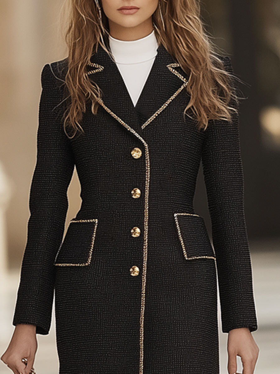 Retro Elegant Gold Trim Black Tweed Suit Coat