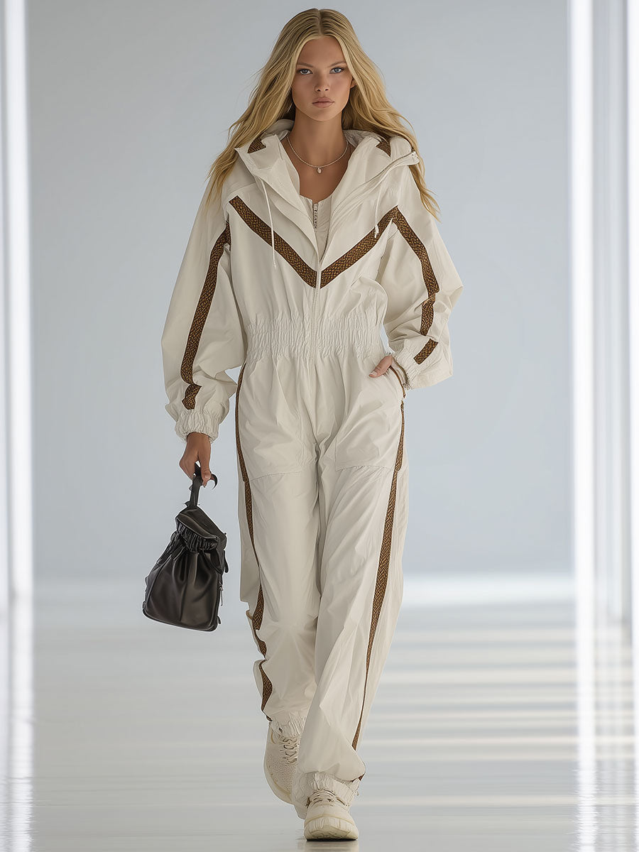 Fashionable And Casual Off-White Spliced Webbing Jumpsuit