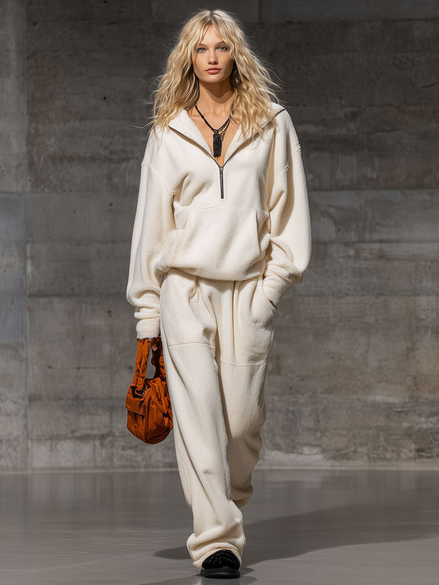 Casual Loose Sports Cream White Coral Fleece Sweatshirt Pants Set