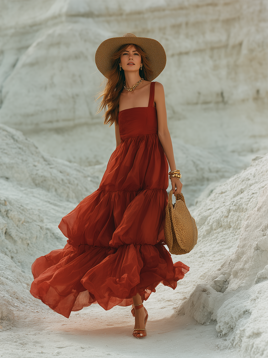 Stylish Bohemian Wide Shoulder Straps Red Sheer Maxi Dress
