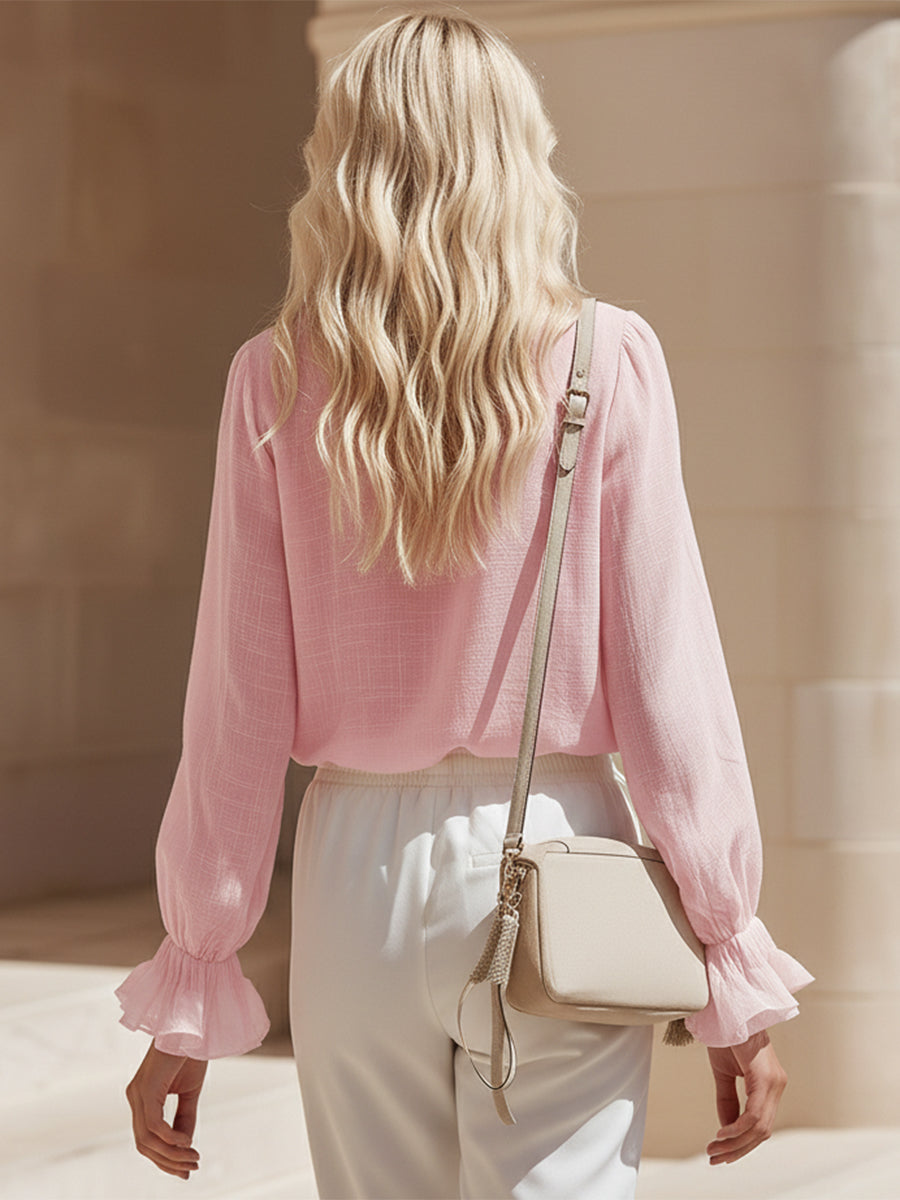 French Romantic Pink Linen Ruffled V-neck Shirt