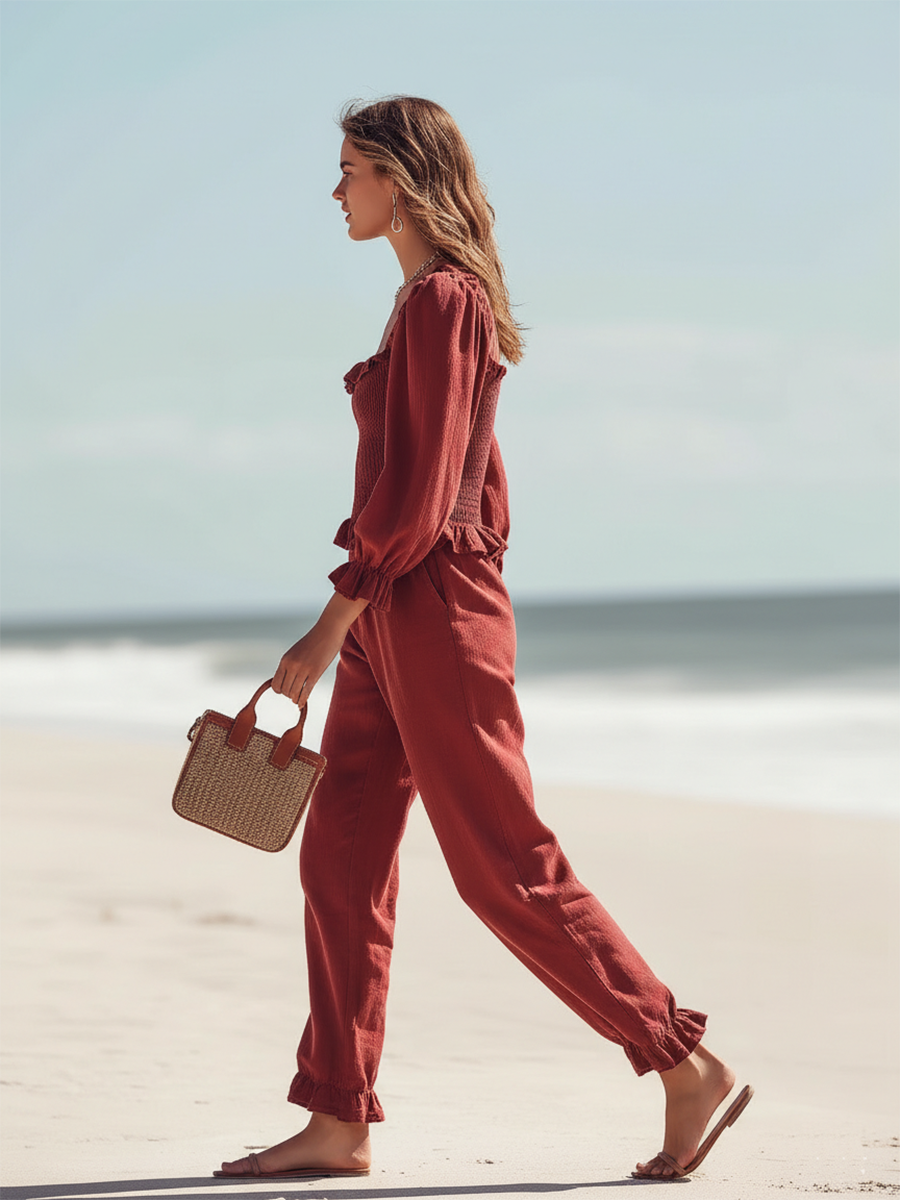 Vacation-style Red Cotton Long-sleeved Shirt And Trousers Set