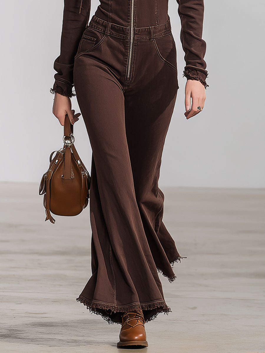 Western Retro Hooded Cocoa Brown Denim Flared Raw-Edge Long-Sleeved Jumpsuit