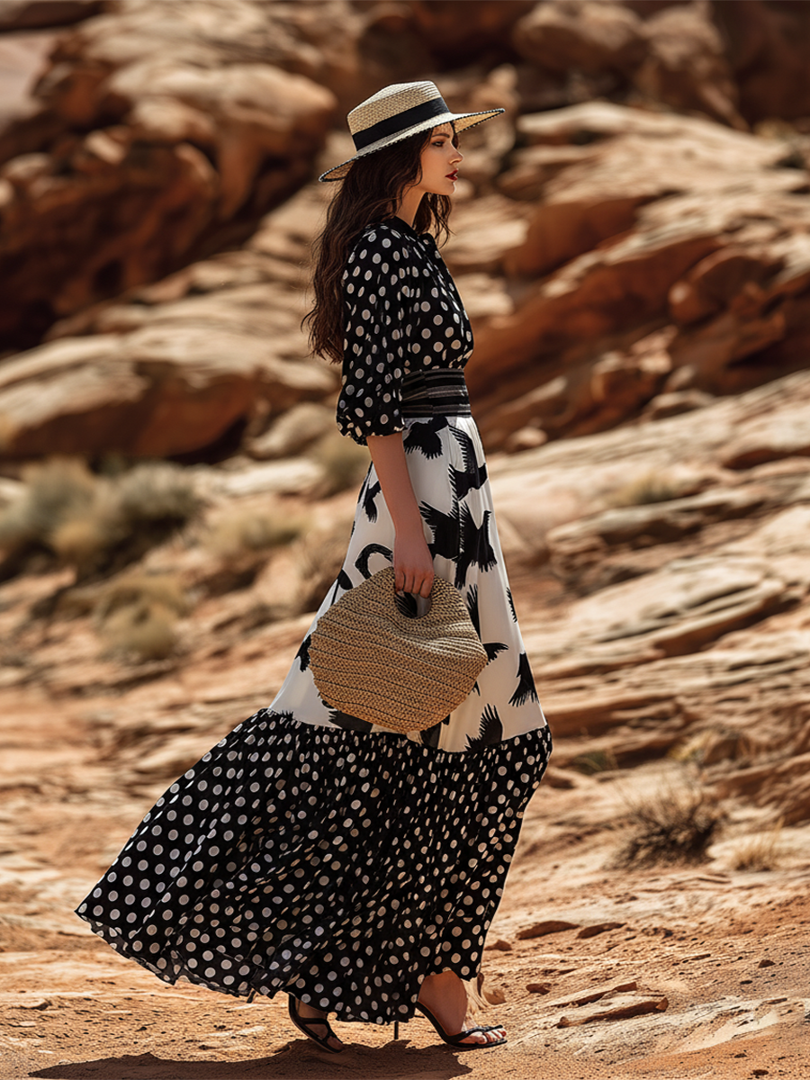 Stylish Vacation-inspired Polka Dot And Seagull Prints Maxi Dress