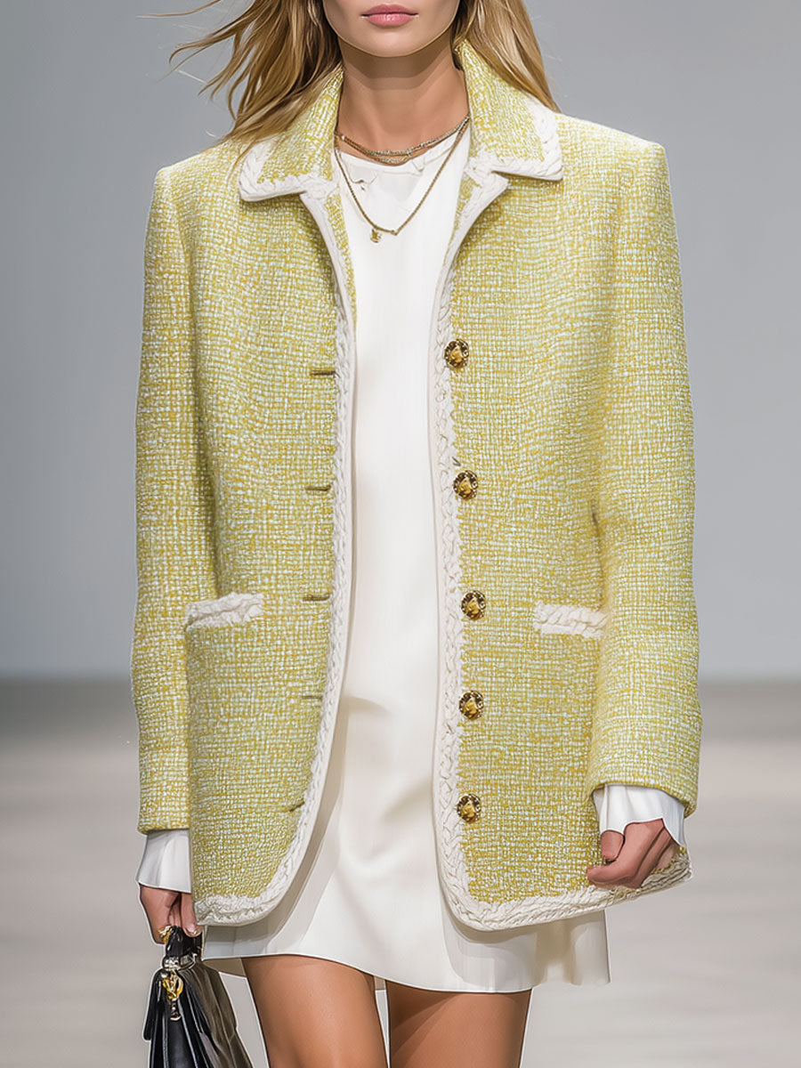 Elegant And Fashionable Yellow Tweed Jacket With Shirt Collar