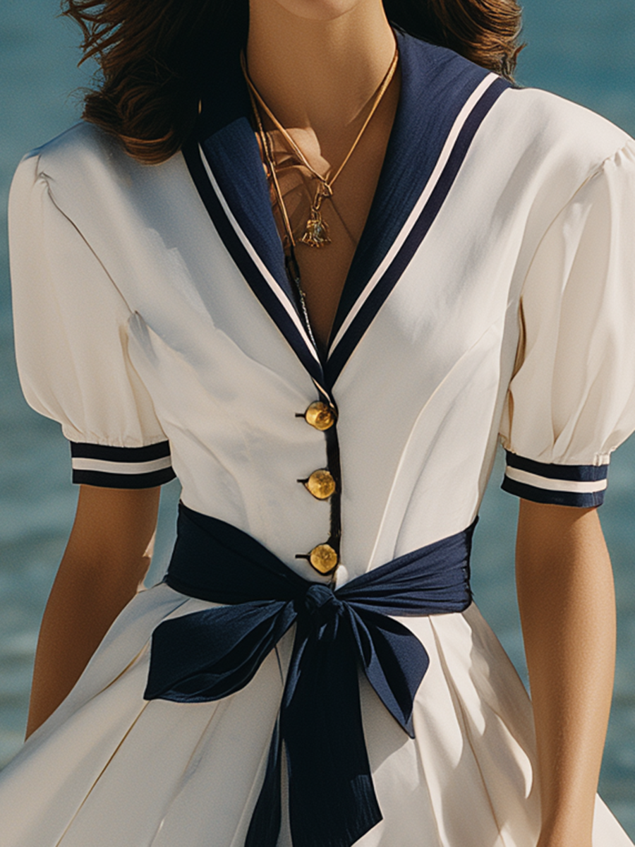 Navy Collar Resort Style White Short-sleeved Midi Dress