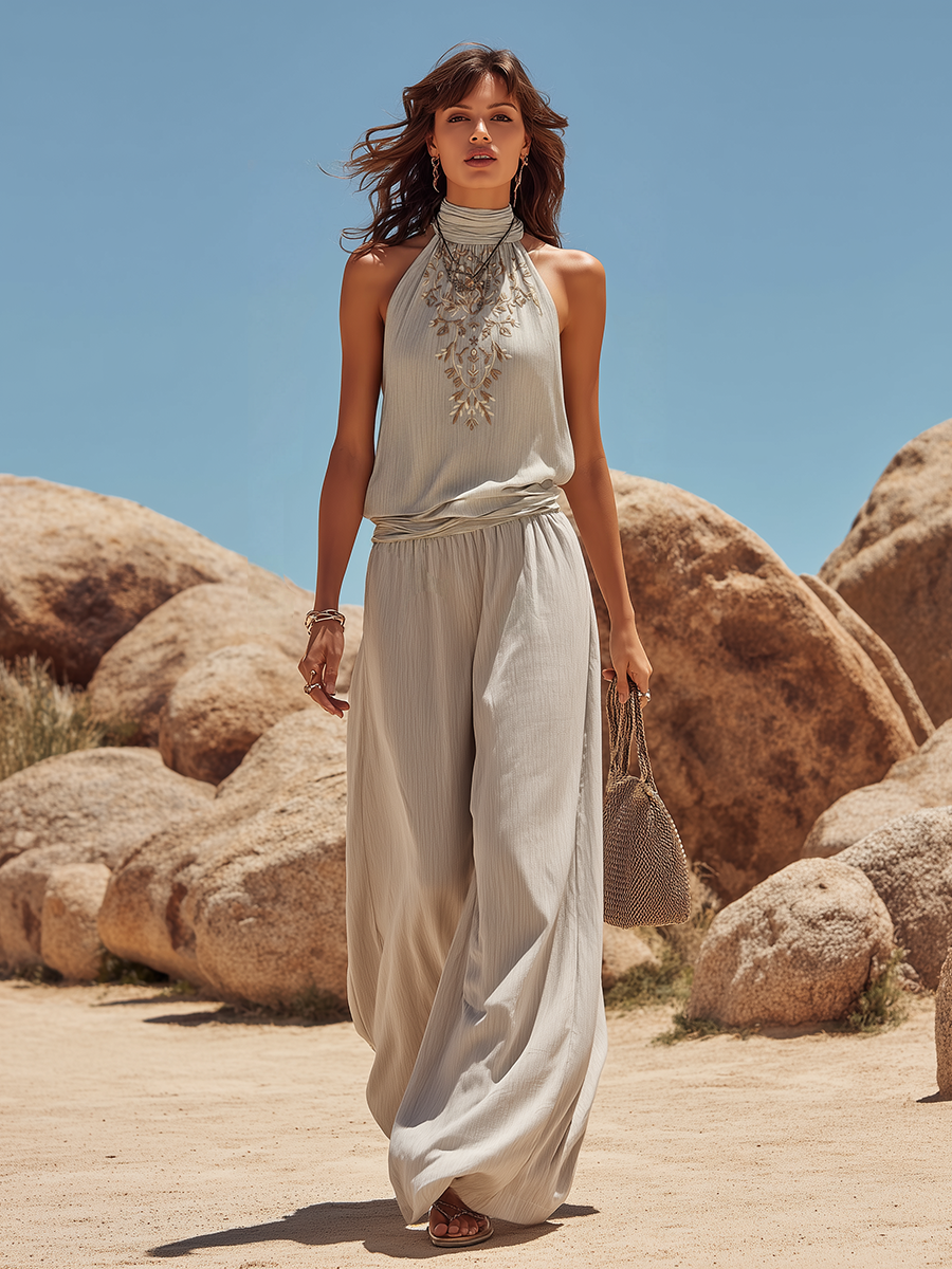 Vacation-style Embroidered Sleeveless Top And Trousers Set