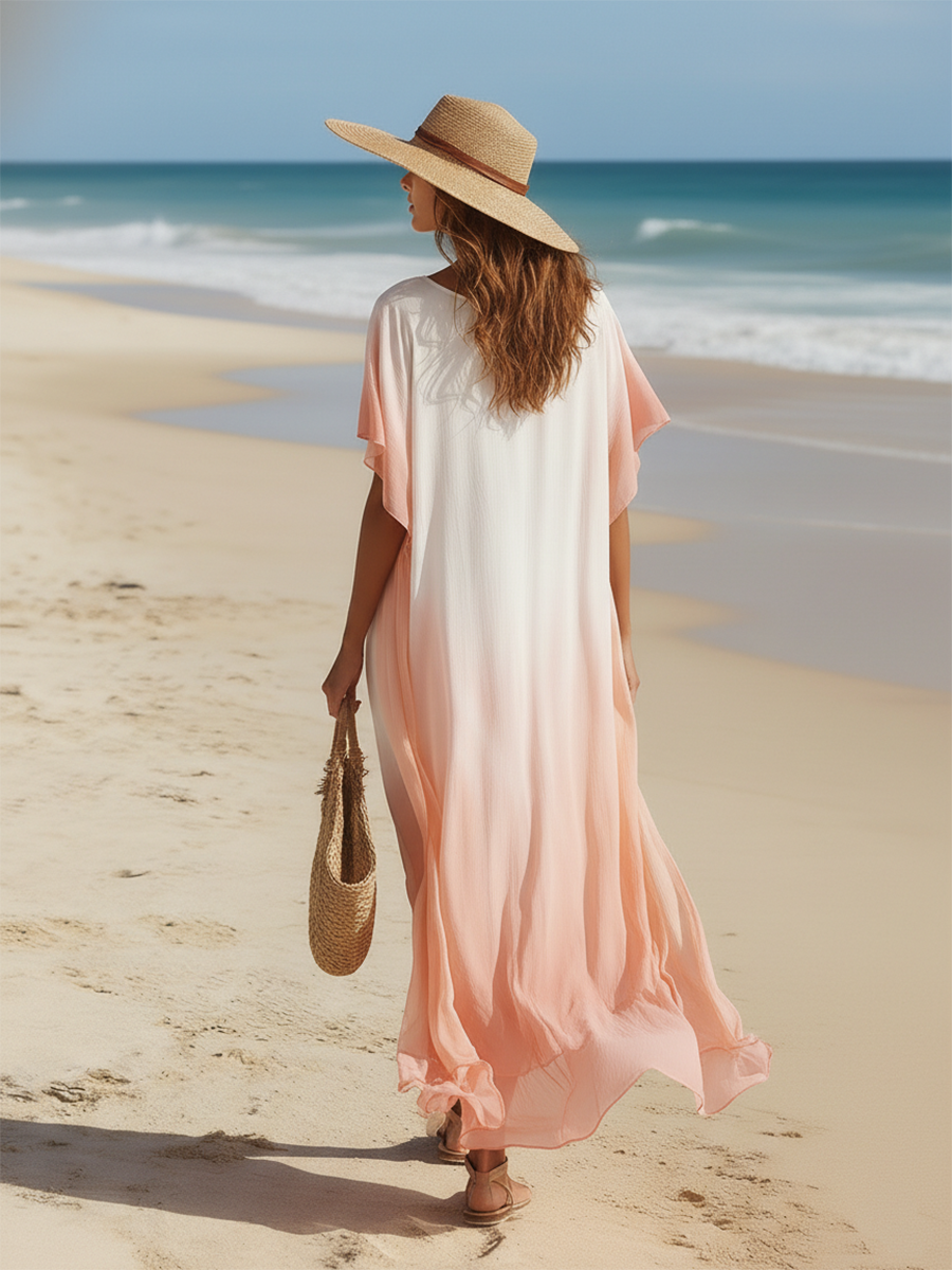 Resort-style White And Pink Gradient V-neck Short-sleeved Maxi Dress