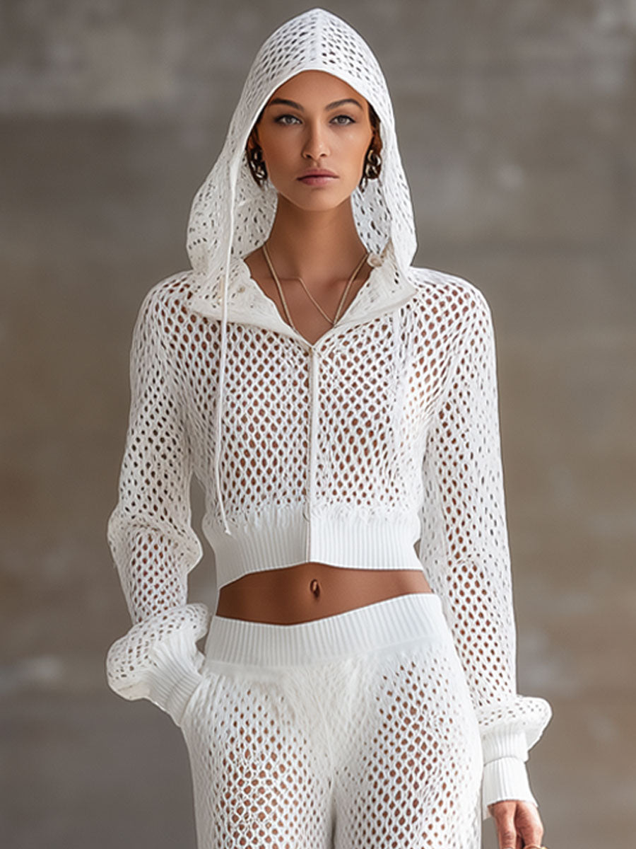 Retro Fashion White Knitted Mesh Long Sleeve Hooded Wide Leg Set