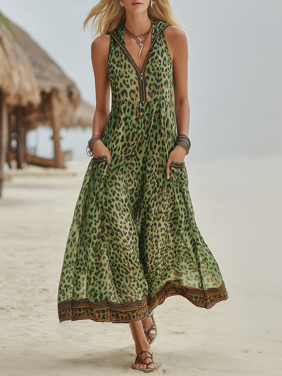 Retro Casual Green Leopard Print Chiffon Hooded Midi Dress