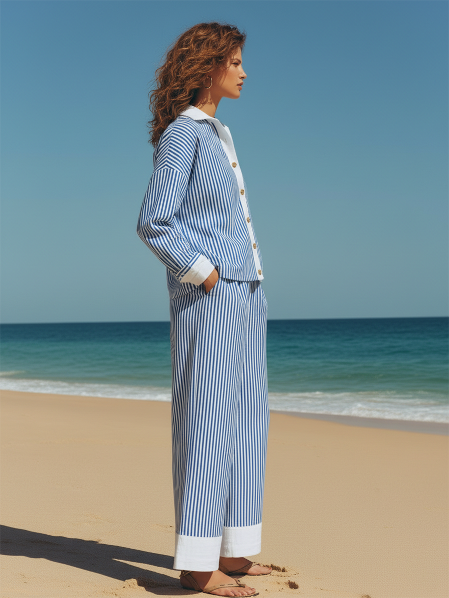 Resort-style Blue And White Striped Long-sleeved Shirt And Wide-leg Pants Set