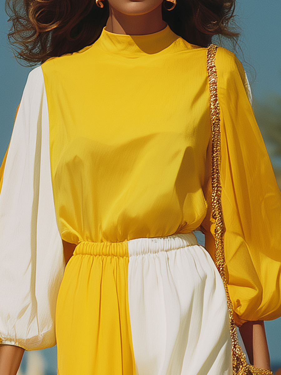 Vacation-style Chiffon Color-block Long-sleeved Maxi Dress