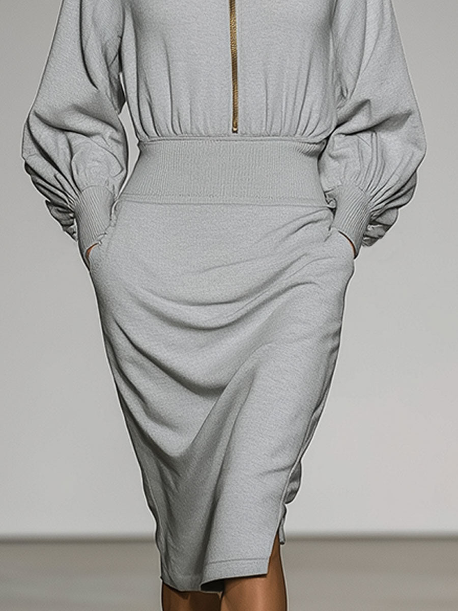 Casual Fashion Gray Zipper Knitted Sweater Midi Dress