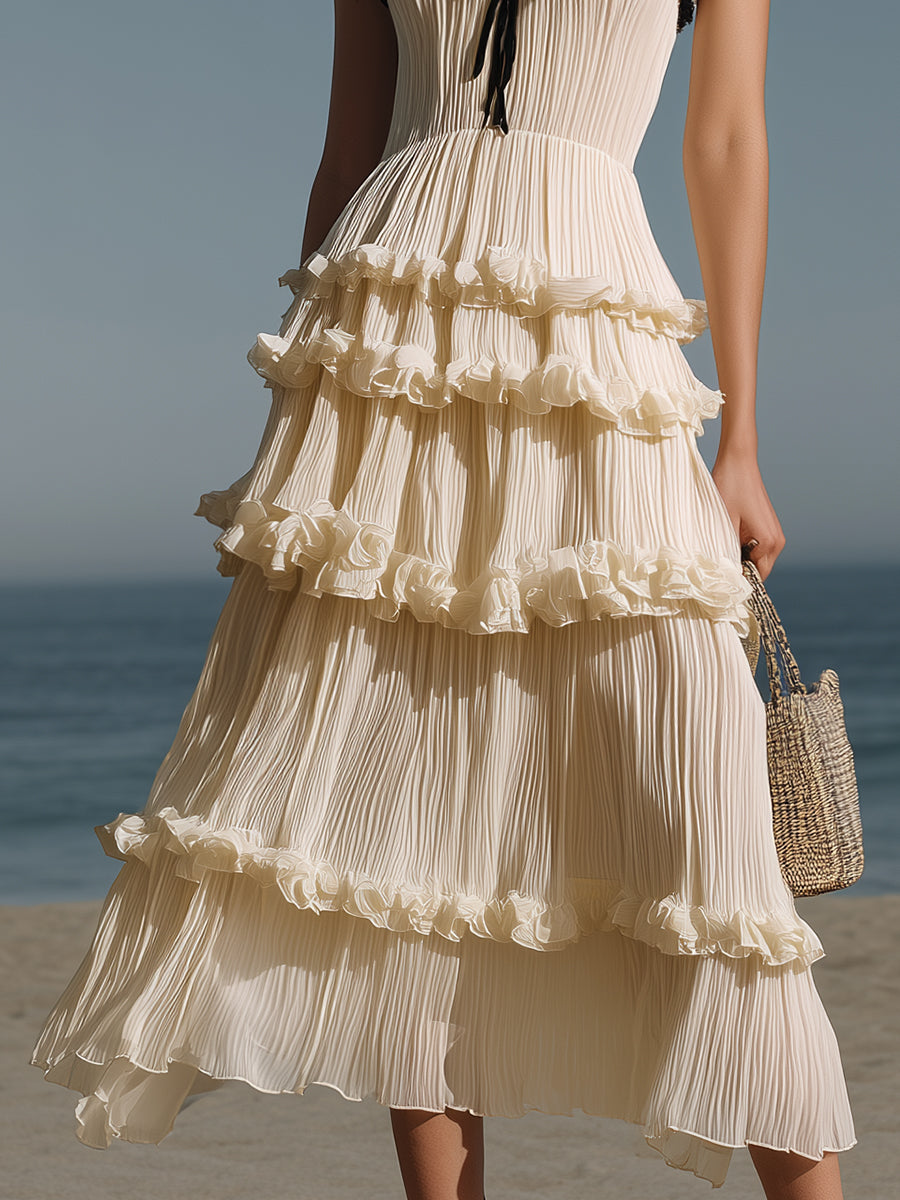 French Romantic Style Off-white Pleated Chiffon Halter Neck Ruffle Midi Dress