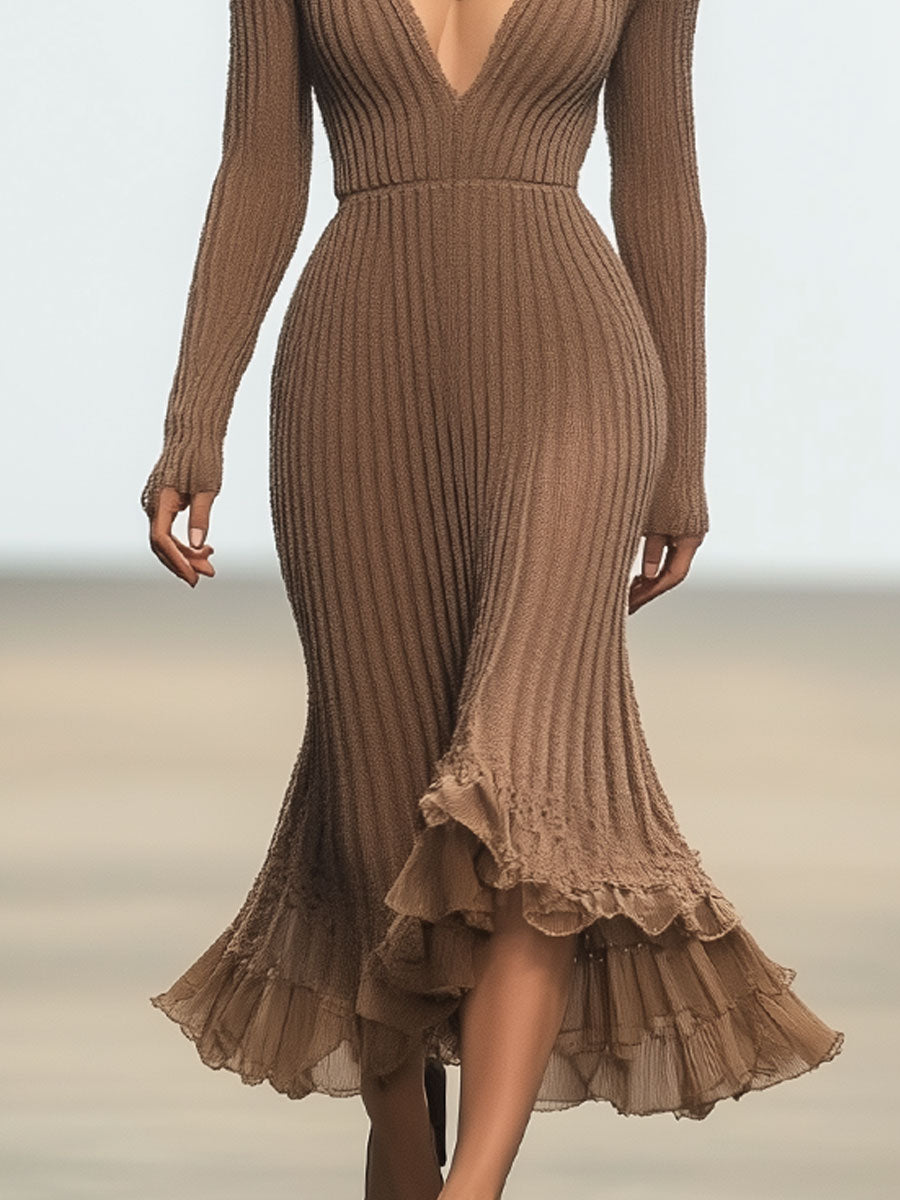 Fashionable And Elegant Light Brown V-Neck Lace Long-Sleeved Woolen Midi Dress