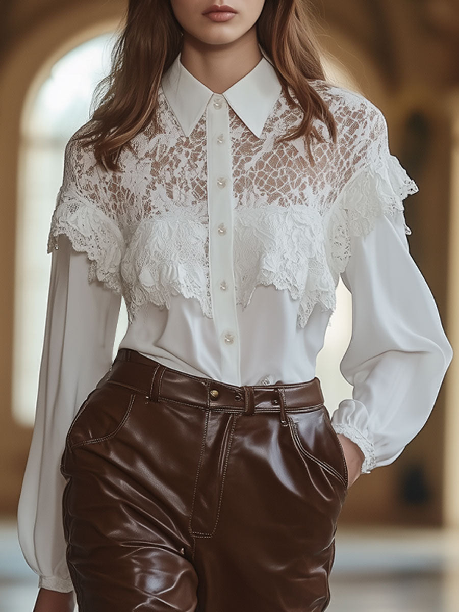 Retro Elegant White Chiffon Lace Long Sleeve Shirt