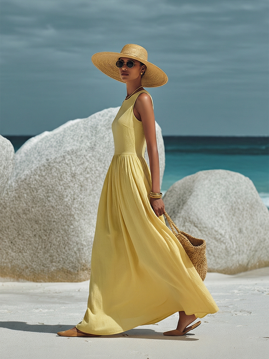 Minimalist Sleeveless Yellow Cotton Linen Maxi Dress