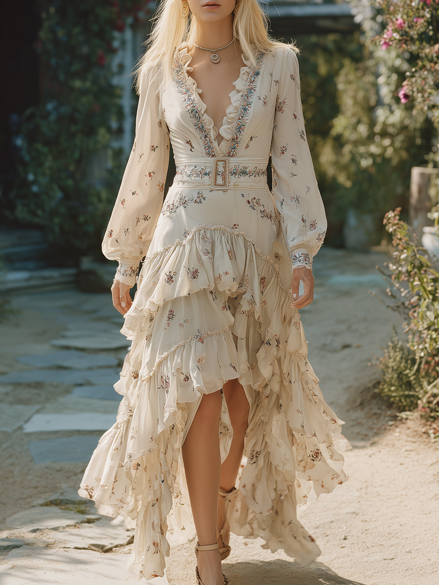 Romantic Pastoral Off-white Floral Print Ruffled Skirt Maxi Dress