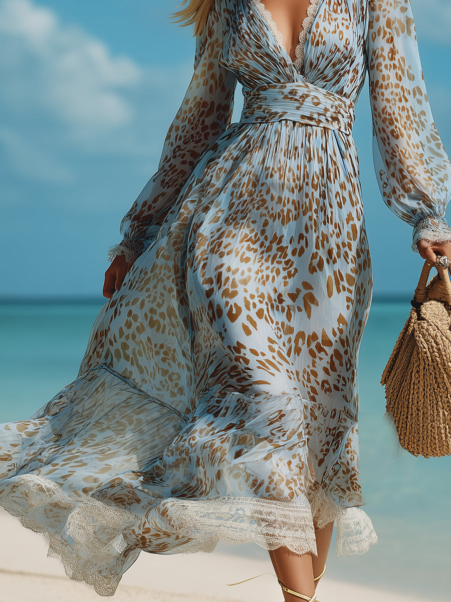 Bohemian Light Blue Chiffon Brown Leopard Print V-neck Maxi Dress