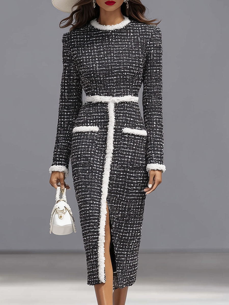 Round Neck Tweed Contrasting Hem Slit Midi Dress