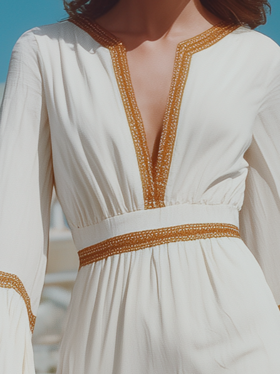 Vacation-style Cotton Long-sleeved Mini Dress