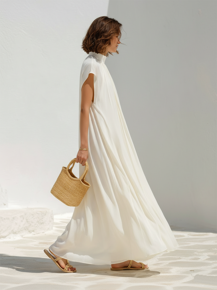 Resort-style Off-white Loose-fitting Turtleneck Short-sleeved Maxi Dress