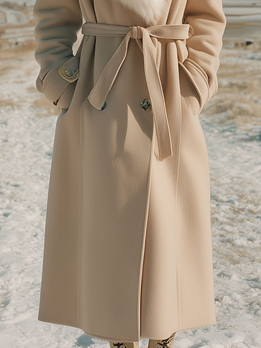 Retro Fashion Khaki Fur Collar Button Wool Coat