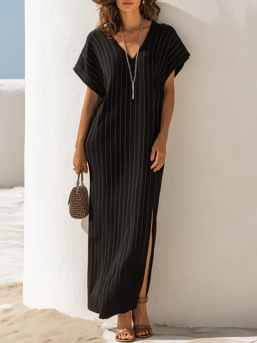 Resort-style Black Striped V-neck Slit Maxi Dress
