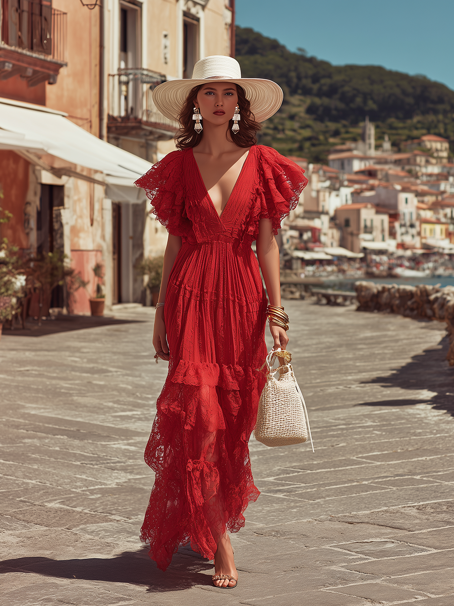Romantic V-neck Short-sleeved Ruffled Red Lace Maxi Dress