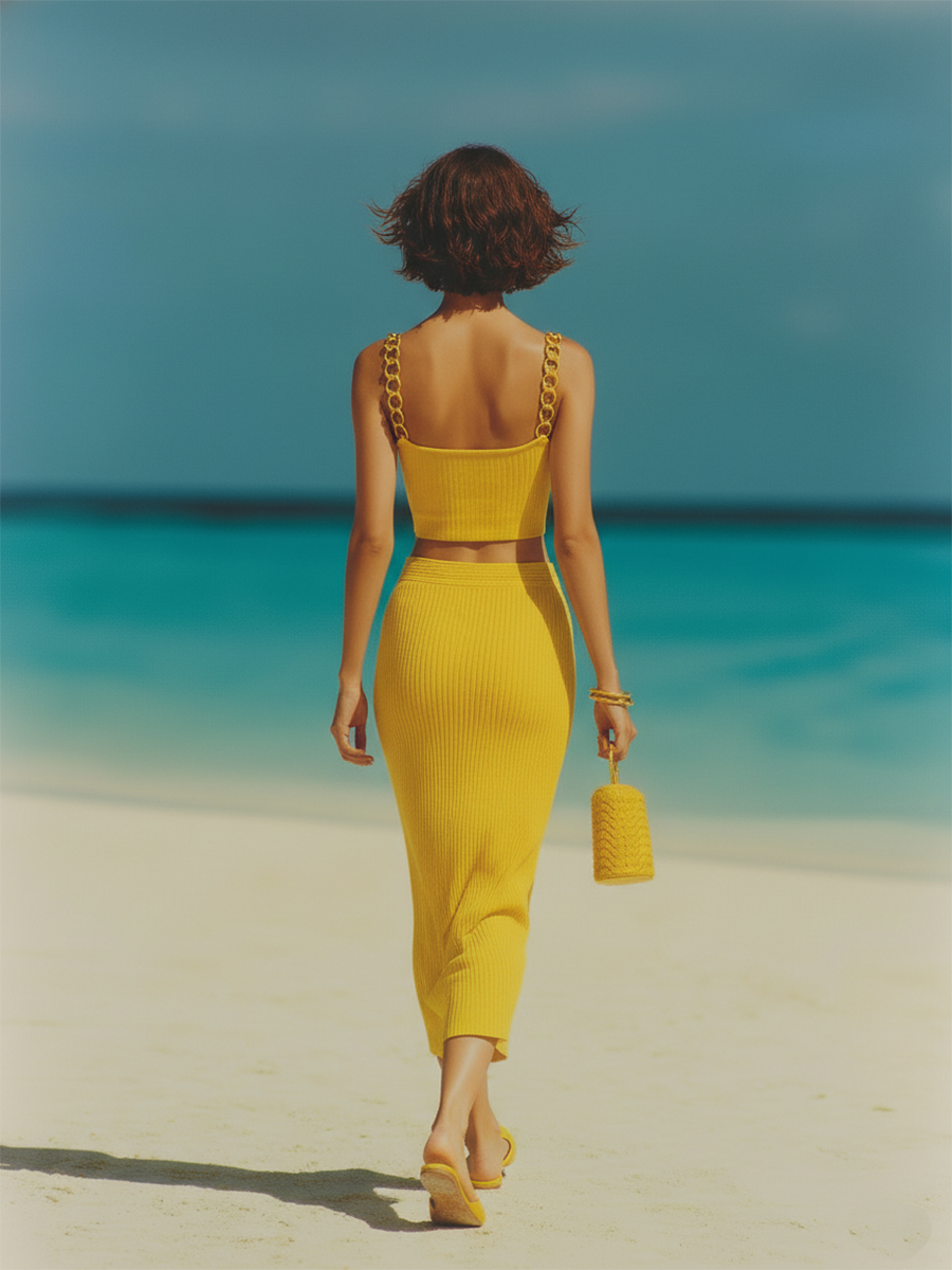 Vacation-style Yellow Knitted Camisole And Skirt Set
